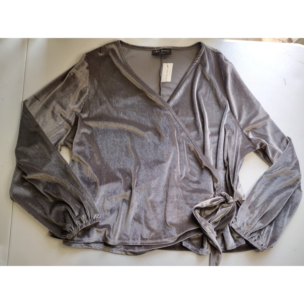 Lane Bryant Womens Plus Size Wrap Top Silver Velvet Ribbed Long Sleeve Tie Front